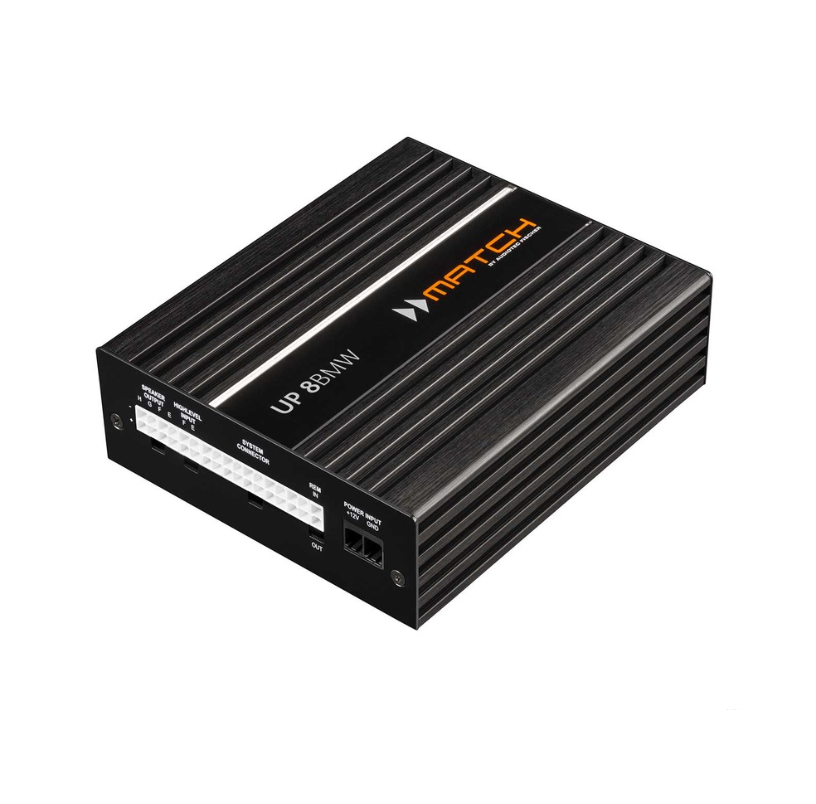 Amplificateur audio noir avec dissipateur thermique en aluminium, marque Match et modèle MW808.