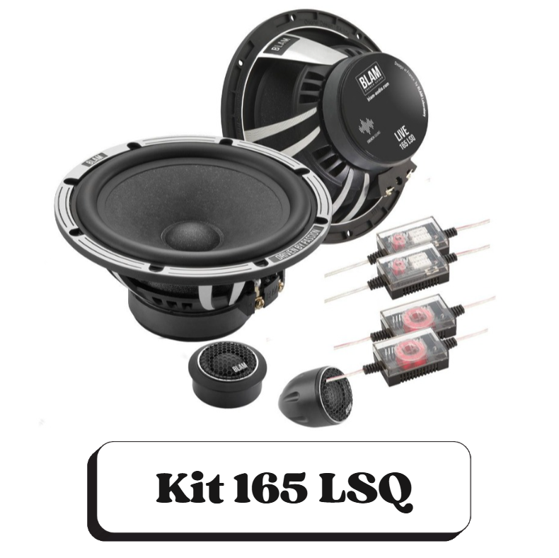 Ensemble audio voiture Kit 165 LSQ avec haut-parleurs, tweeters et fusibles de protection, noir avec motifs blancs.