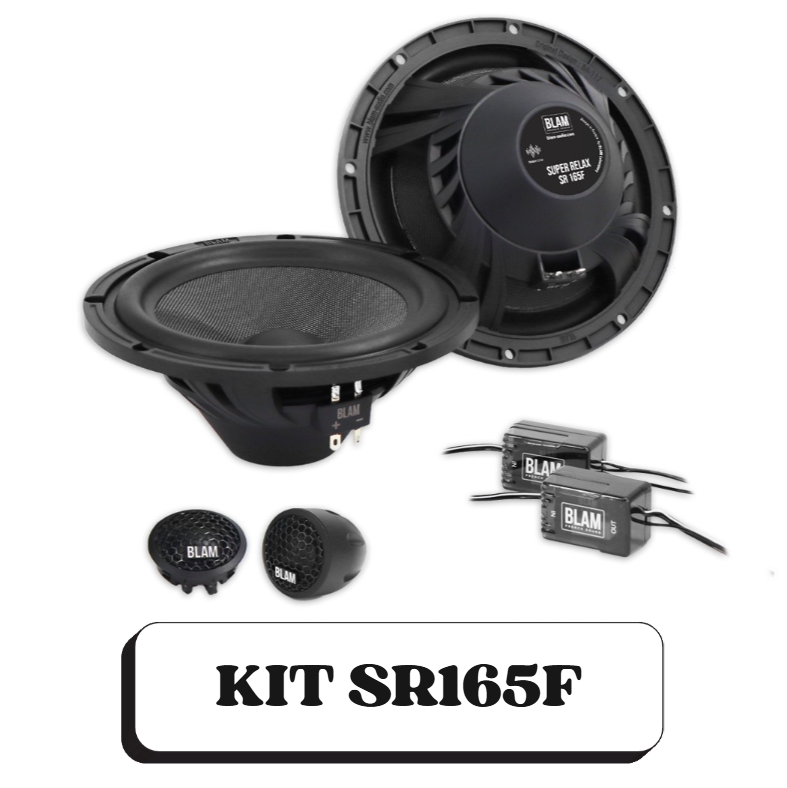 Ensemble de kit audio pour voiture, comprenant un haut-parleur, deux petits haut-parleurs, deux modules électroniques, et un boîtier. Étiquette : KIT SR165F.