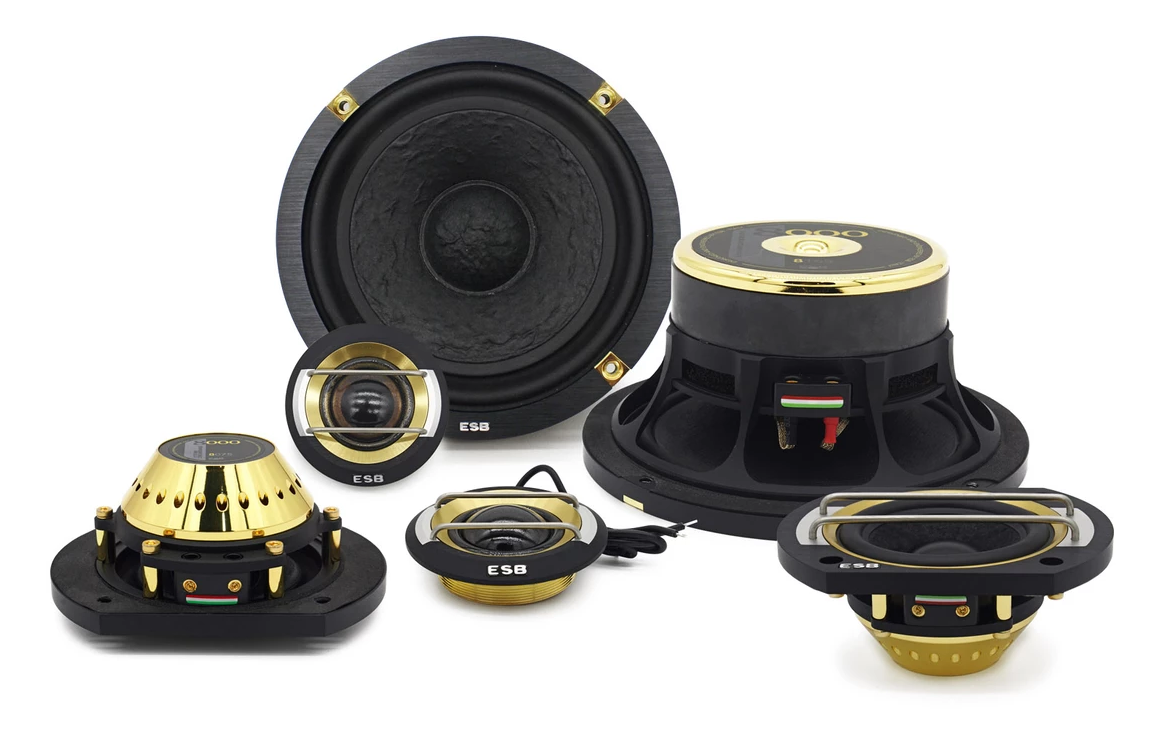 Ensemble de composants audio pour voiture, comprenant différents haut-parleurs et subwoofers en noir et or.