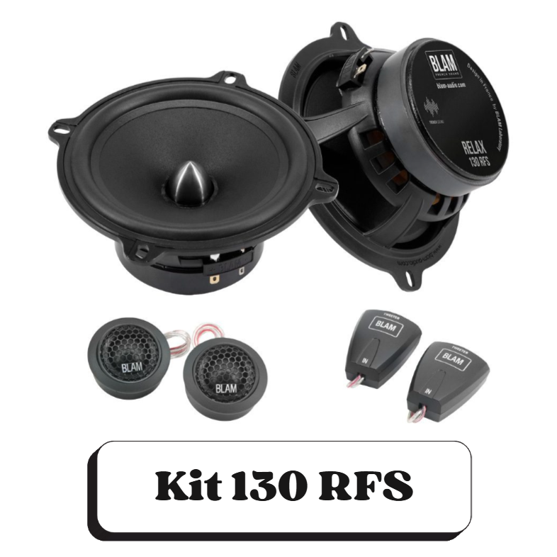 Un kit sonore pour voiture comprenant deux haut-parleurs, deux tweeters, deux oscillateurs, avec l'étiquette "Kit 130 RFS".