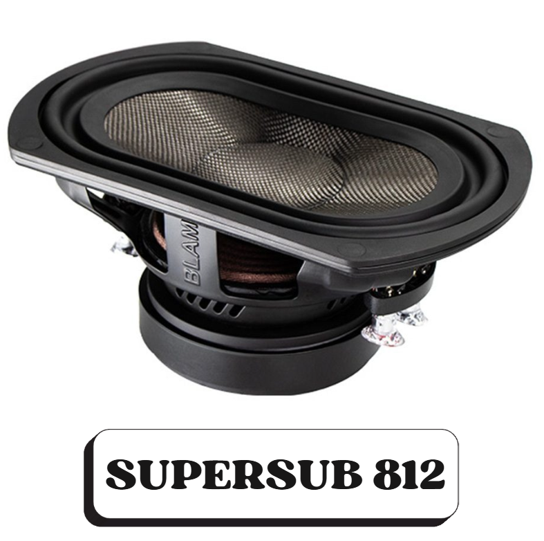 Haut-parleur de voiture avec le texte "SUPER SUB 812" en dessous.