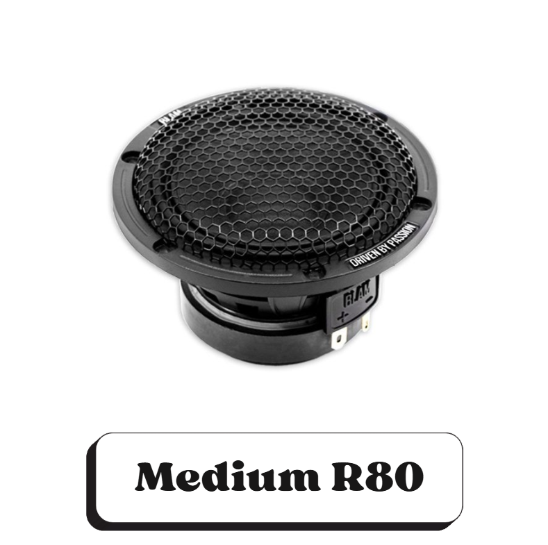 Un haut-parleur rond de couleur noire avec une grille en grille honeycomb, étiqueté "Medium R80" en dessous.