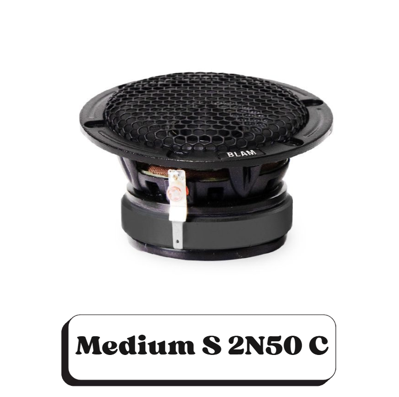 Un haut-parleur Pompe à air de petite taille, noir et rond, avec une grille en métal et une étiquette "Blam".