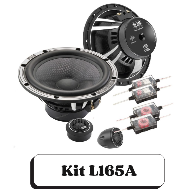 Kit de haut-parleur audio avec deux enceintes, deux dispositifs de protection, un tweeter et un subwoofer, étiqueté "Kit L165A".