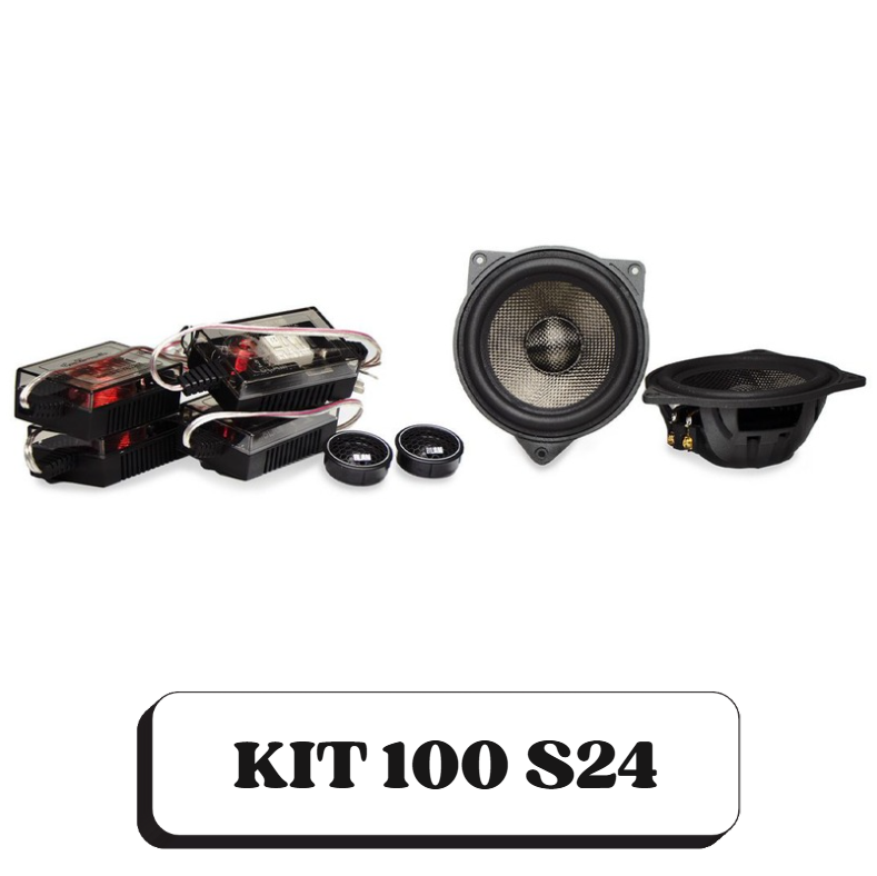 Ensemble de composants audio avec amplificateurs, haut-parleur, et petits haut-parleurs, pour un kit audio car audio KIT 100 S24.