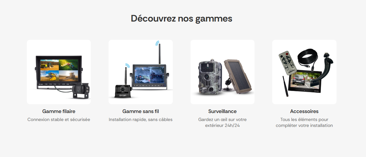 Page de présentation de gammes de produits de vidéosurveillance avec quatre sections : gamme filaire avec moniteur et caméra, gamme sans fil avec télécommande et caméra, surveillance extérieure avec caméra et panneau solaire, accessoires pour installation.