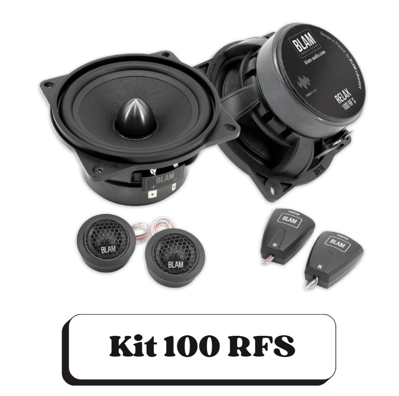 Un kit d'enceintes audio avec deux haut-parleurs, deux petits haut-parleurs, et deux télécommandes, étiqueté Kit 100 RFS.