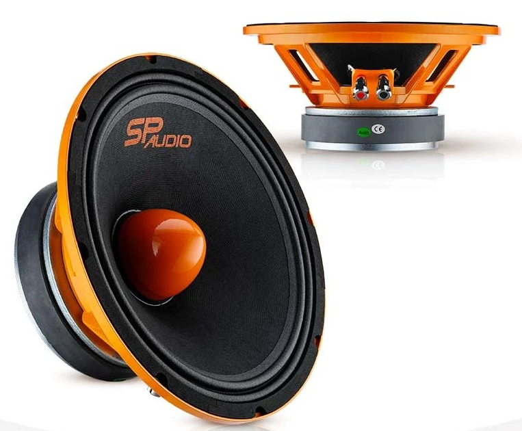 Deux haut-parleurs audio orange et noir, avec une carcasse en plastique et des bornes de connexion, destinés à un système audio automobile.