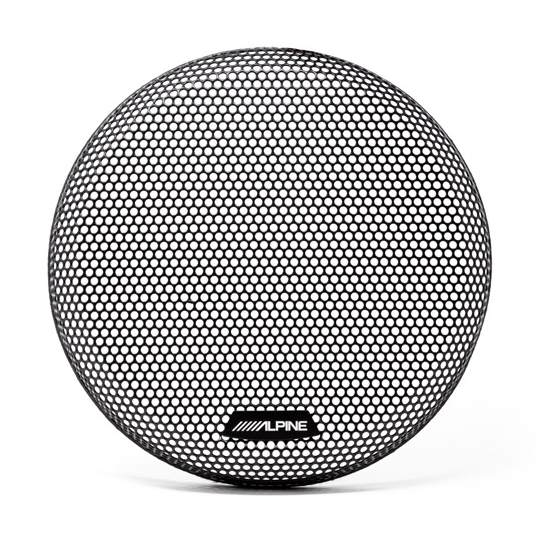 Haut-parleur rond noir avec une grille en treillis blanc et un logo 'ALPINE' en bas