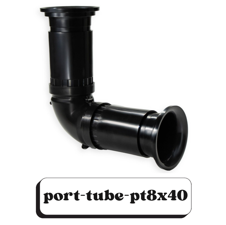 Tuyau d'évacuation en plastique noir avec connecteurs réglables, conçu pour le drainage ou la ventilation, avec inscription "port-tube-pt8x40"