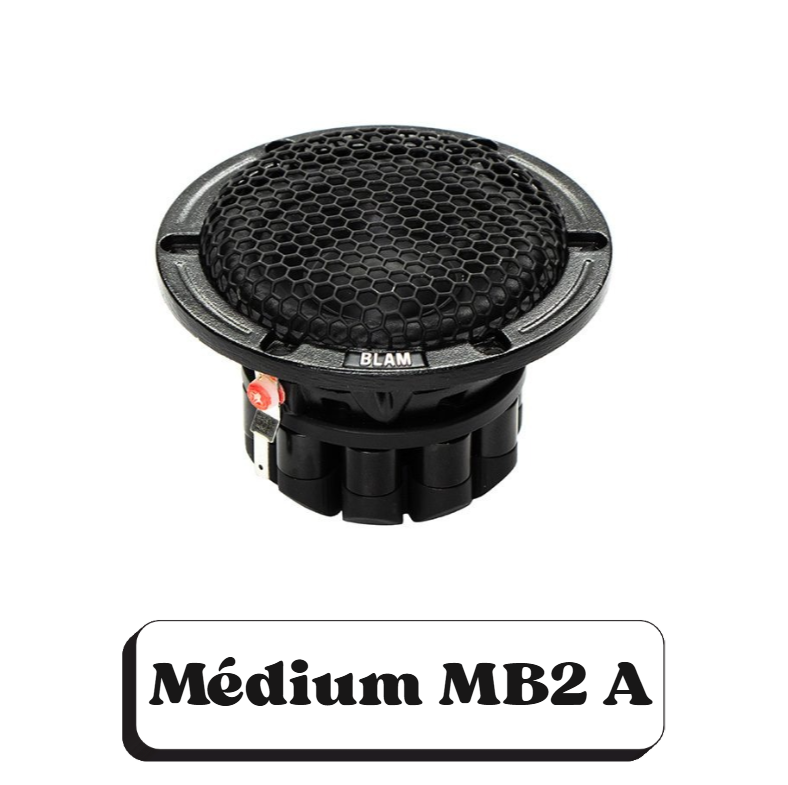 Un haut-parleur de signal sonore avec un grill en forme de nid d'abeille, le mot 'BLAM' écrit dessus, et le texte 'Medium MB2 A' en dessous.