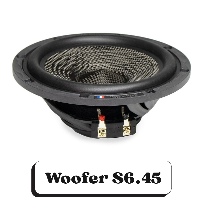 Un haut-parleur de voiture de modèle Woofer S6.45 avec un motif en grille, monté sur un support noir.
