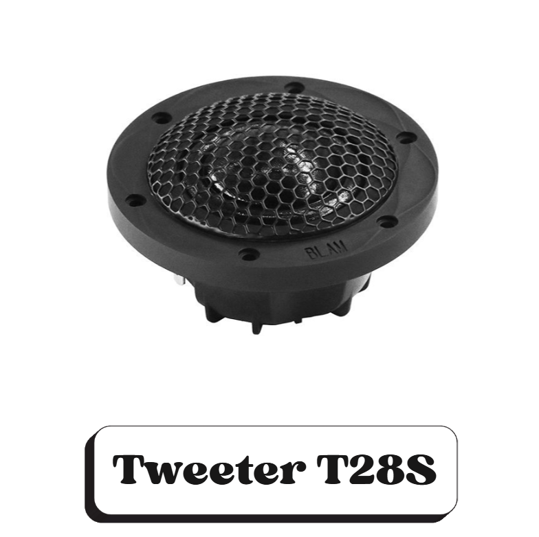 Un haut-parleur tweeter noir avec une grille en nid d'abeille, marqué 'BLAK', avec la légende 'Tweeter T28S'