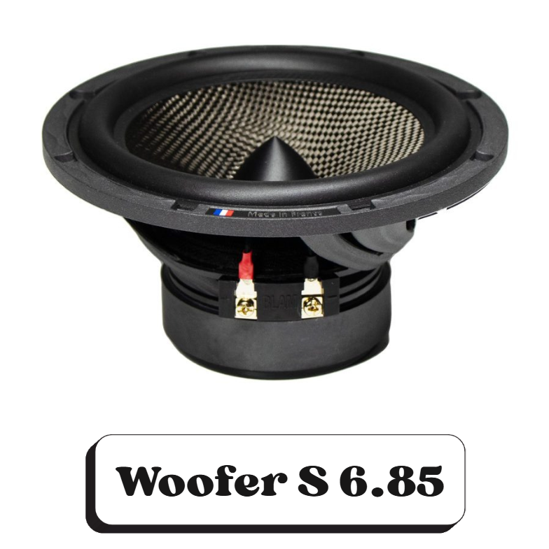 Un haut-parleur de subwoofer de marque Woofer S 6.85, monté sur un support noir, avec un dessus en fibre de carbone et une inscription "Made in France".