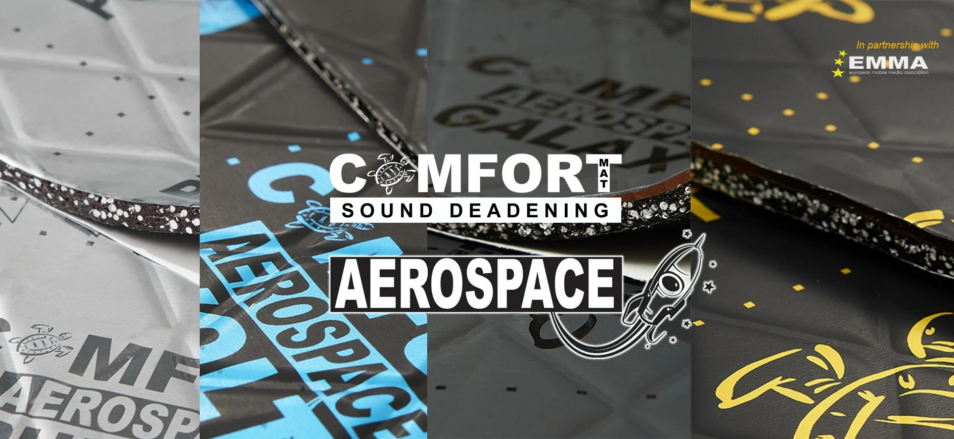 Matériaux d'insonorisation acoustique pour l'aérospatiale, avec marques, logos et dessins liés à l'industrie aérospatiale.