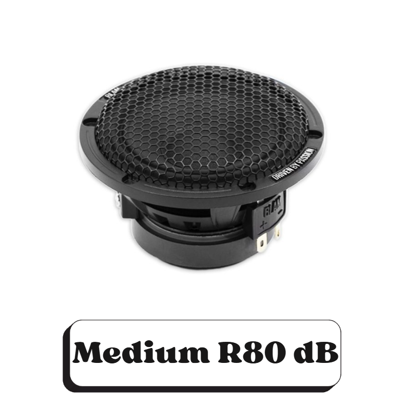 Un haut-parleur circulaire avec une grille noire, côté ouvert vers le bas, avec une indication de niveau de bruit "Medium R80 dB".