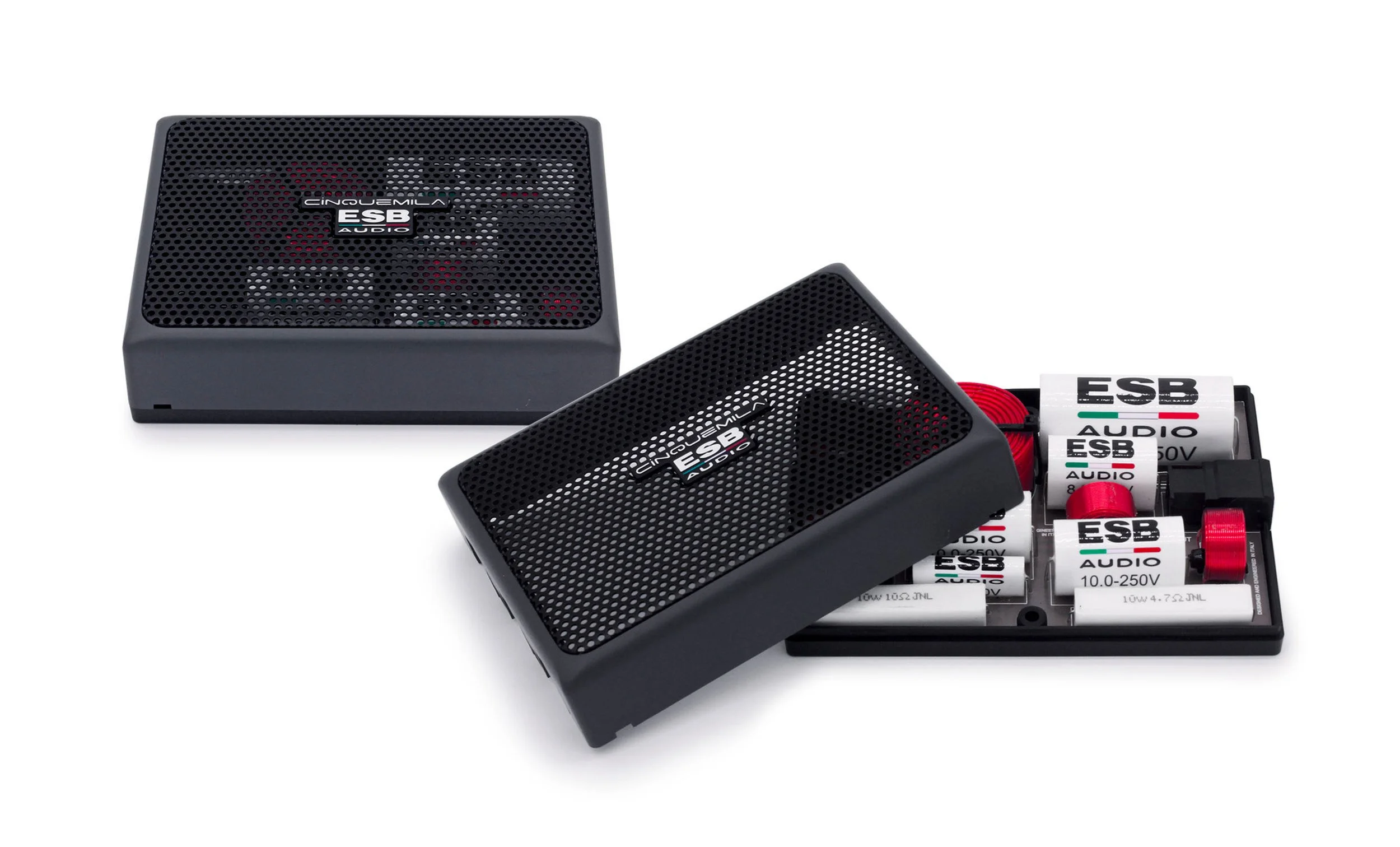 Deux boîtiers noirs avec grille en métal, contenant des composants électroniques, et quelques piles avec étiquettes ESB AUDIO, sur fond blanc.