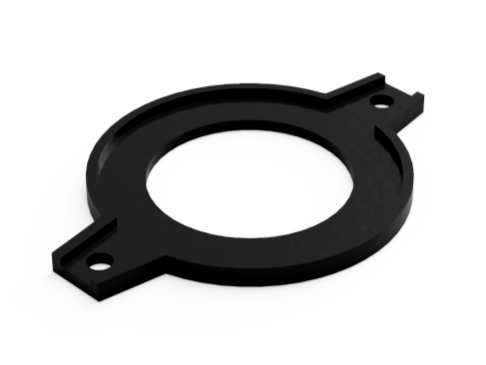 Une pièce mécanique noire en plastique ou en métal en forme de cercle avec deux trous de fixation.