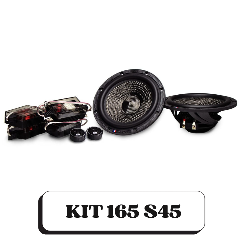 Groupe de haut-parleurs de voiture avec amplificateurs, identifiés par le texte "KIT 165 S45".