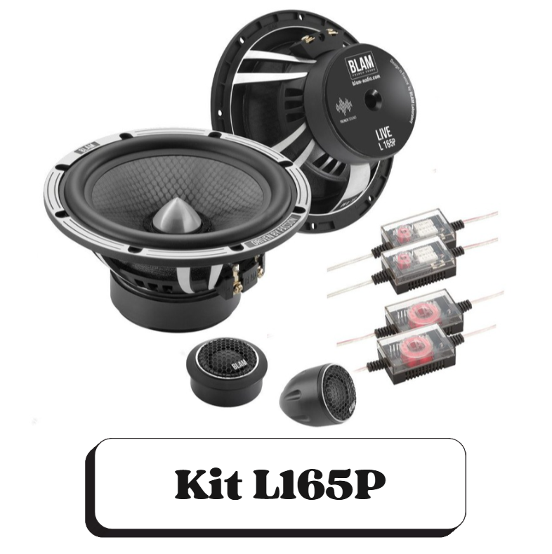 Ensemble d'enceintes et d'accessoires audio pour voiture, comprenant un haut-parleur, un tweeter, des câbles de connexion et un module de réglage, avec l'étiquette 'Kit L165P' sur le fond blanc.