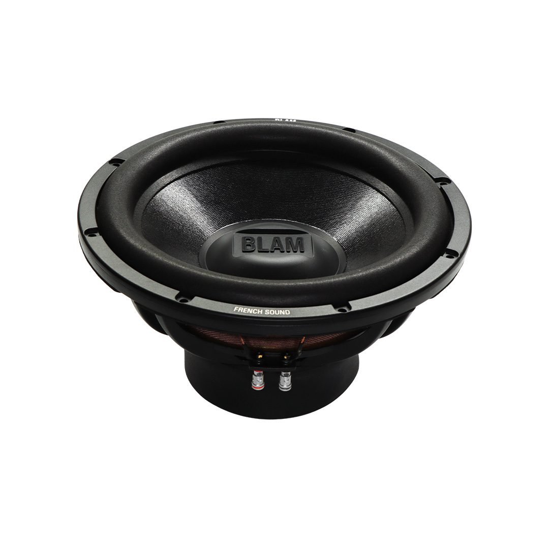 haut-parleur audio de grande taille avec le mot 'BLAM' marqué sur le centre, noir