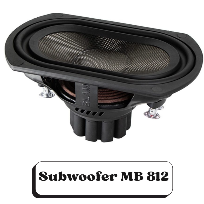 Un haut-parleur subwoofer noir avec une grille en métal et des fixations en plastique, marqué "Subwoofer MB 812".