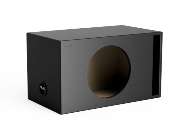 Un haut-parleur noir avec une ouverture circulaire et un contrôle de volume sur le côté.