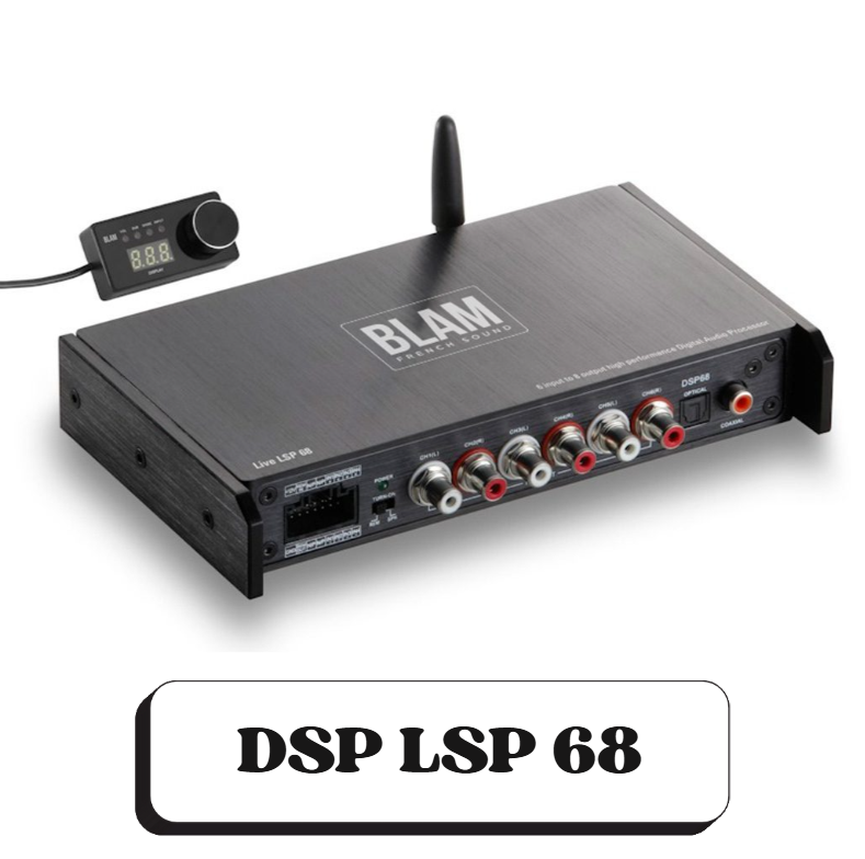 Un amplificateur audio avec plusieurs entrées RCA et une antenne, marqué 'BLAM French Sound'.
