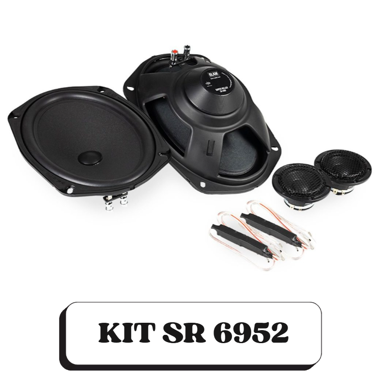 Un kit de haut-parleurs audio comprenant deux grands haut-parleurs, deux petits haut-parleurs, et deux câbles, avec la mention "KIT SR 6952".