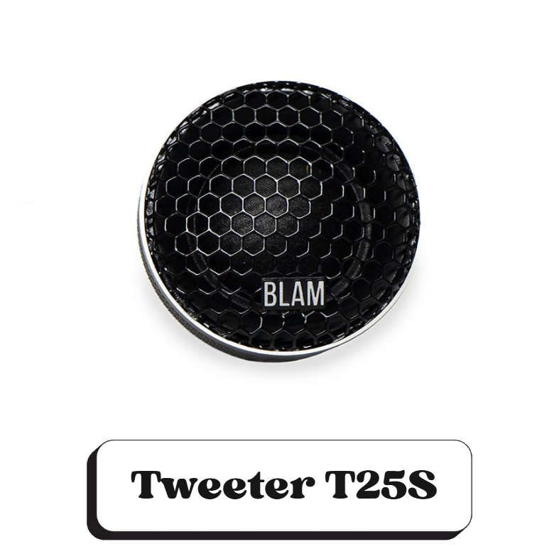 Un haut-parleur noir avec une grille en forme d'hexagones, marqué du mot "BLAM" en blanc, et une légende en dessous indiquant "Tweeter T25S".