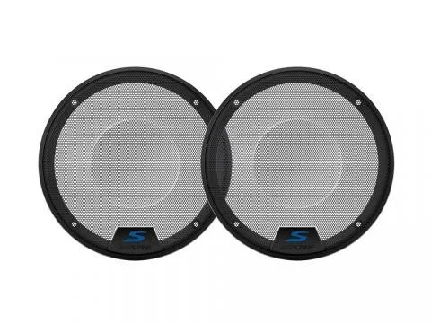 Deux haut-parleurs circulaires avec grille métallique et logo bleu au bas.