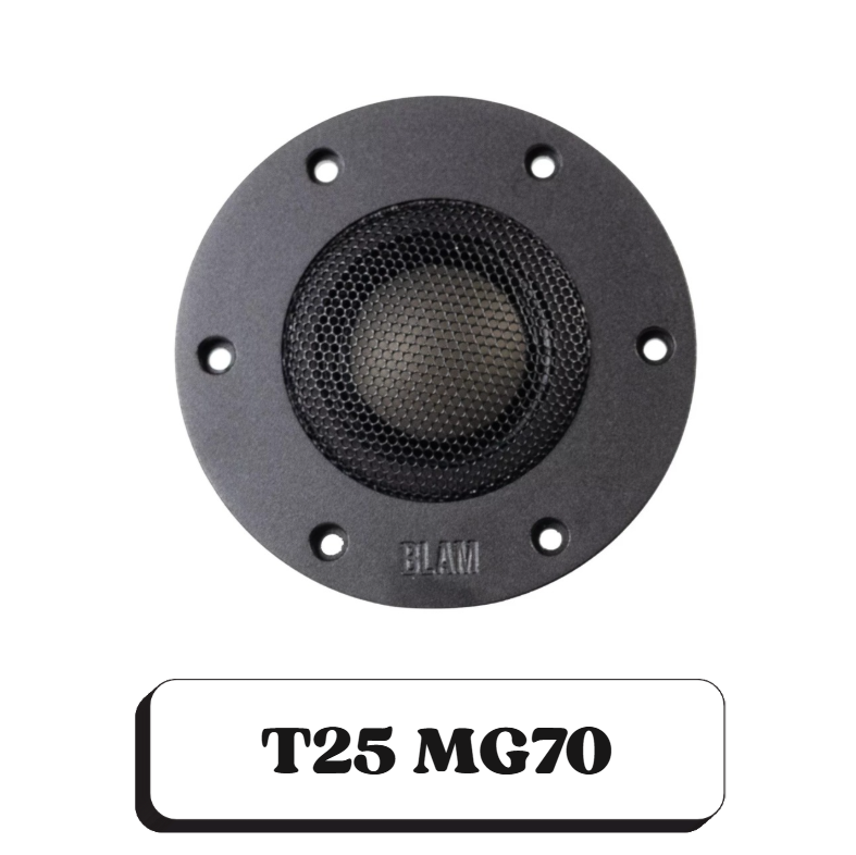 Haut-parleur circulaire noir avec grille protectrice au centre, marqué 'BLAM', modèle T25 MG70.