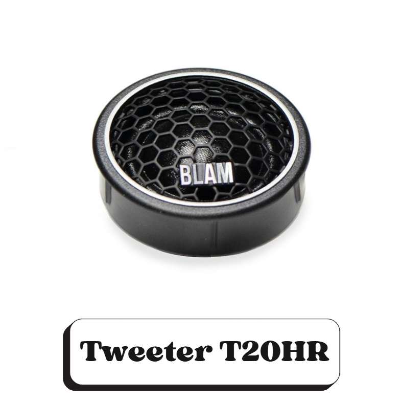 Un haut-parleur portable noir avec une grille en forme d'hexagone et le texte "BLAM" au centre, accompagné de la légende "Tweeter T20HR".