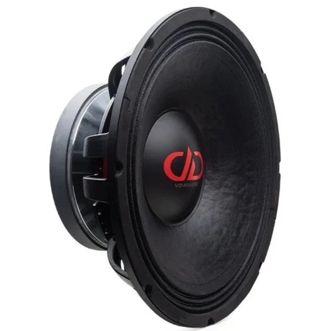 Un haut-parleur audio avec un logo rouge et noir