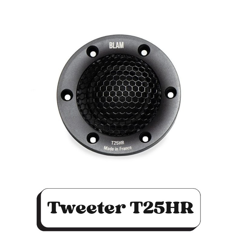 haut-parleur de tweeter noir avec grille en treillis hexagonal et inscription "BLAM" et "T25HR Made in France"