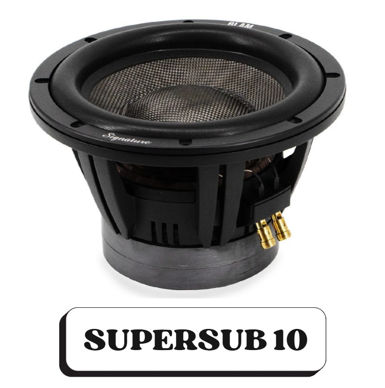 Un haut-parleur de sous-marin audio, modèle SUPERSUB 10, avec une structure noire et des bornes en or.