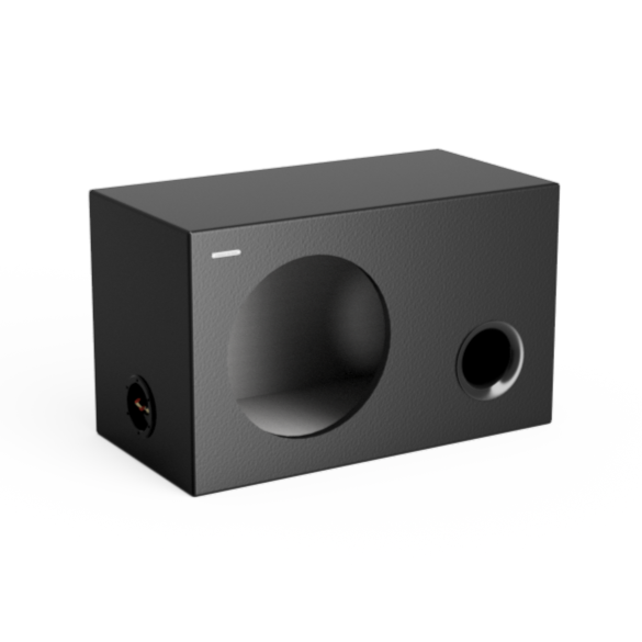 Enceinte noire avec un grand trou avant et un petit connecteur arrière.