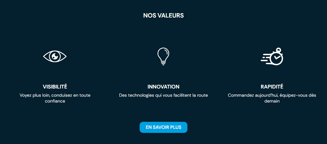 Section intitulée "NOS VALEURS" avec trois icônes : un œil pour "VISIBILITÉ" avec le texte "Voyez plus loin, conduisez en toute confiance", une ampoule pour "INNOVATION" avec le texte "Des technologies qui vous facilitent la route", et un chronomètre pour "RAPIDITÉ" avec le texte "Commandez aujourd'hui, équipez-vous dès demain".