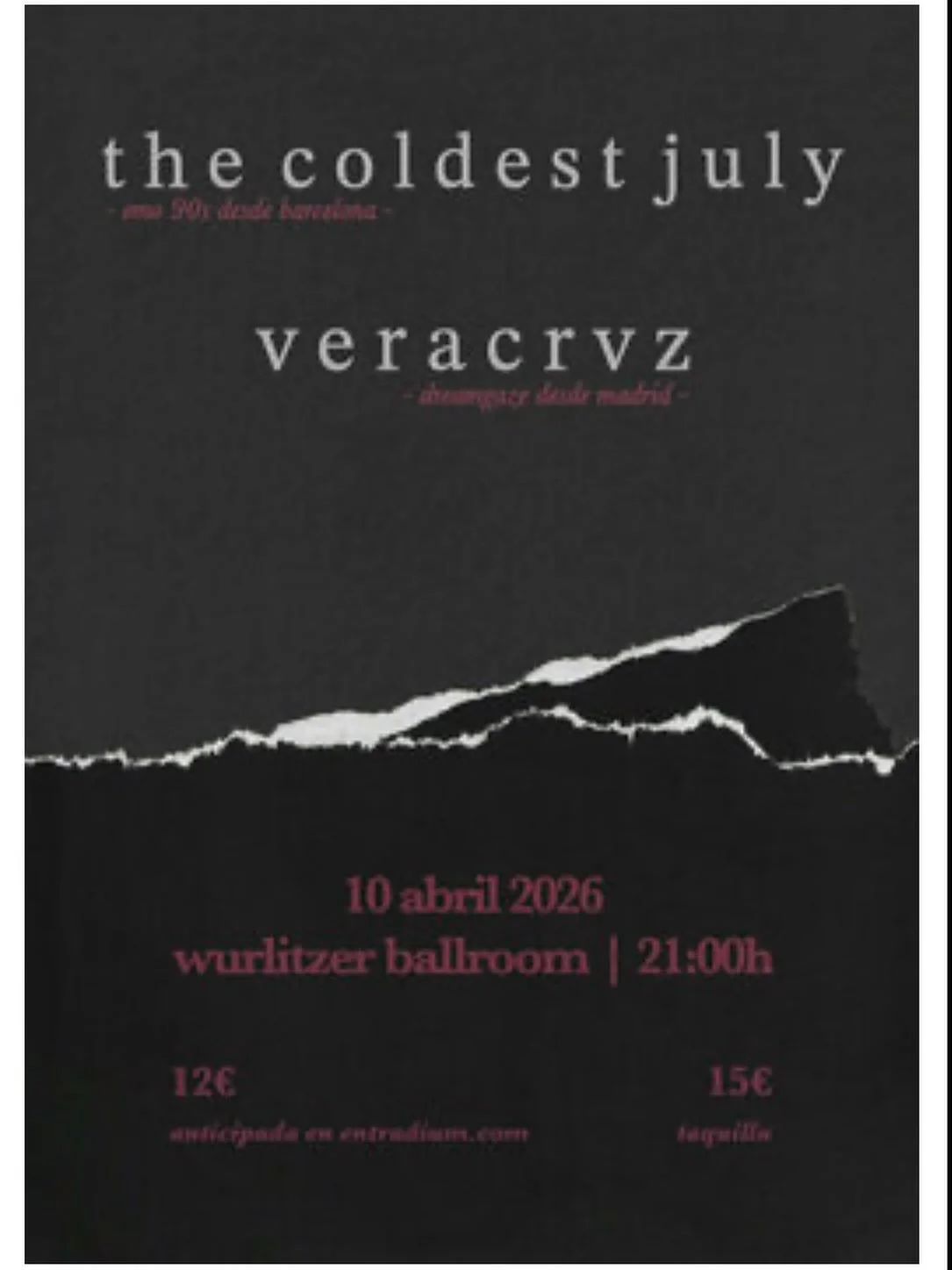 Hay concierto, se&ntilde;ora

Ir un viernes a un concierto. En Madriz. En la Wurli. En abril. Aguas mil. Los p&aacute;jaros cantan. Las nubes se levantan.  Previa en el Ovni.

Y a&uacute;n hay m&aacute;s: es un conci de @veracrvz 

Lo ans&iacute;amos