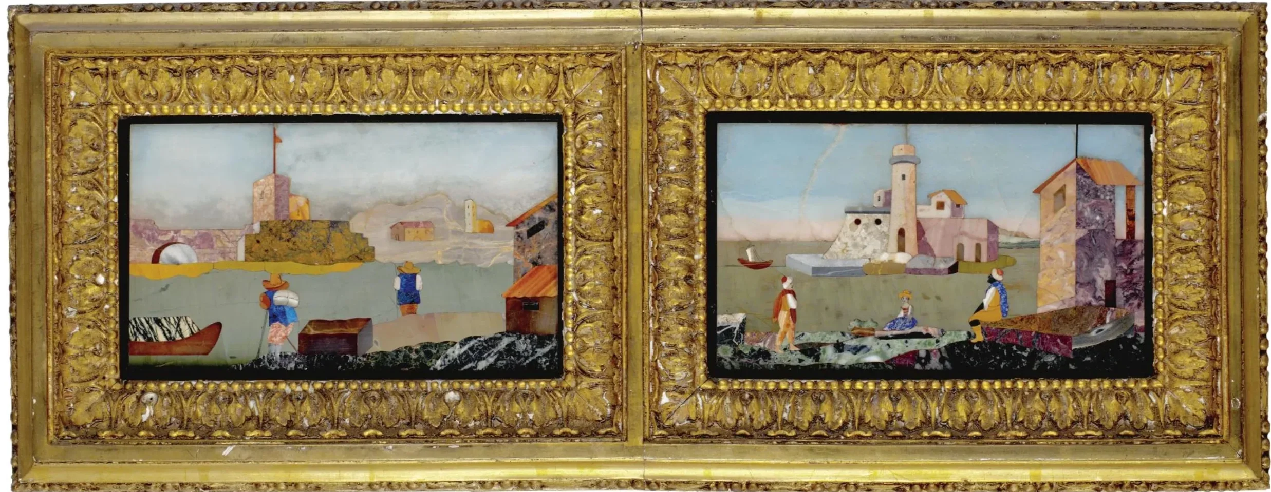A Pair of small Italian pietra dura landscapes with harbour views 18th century