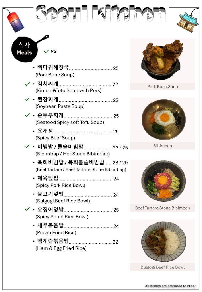 A Korean restaurant menu featuring Korean dishes with images. The menu includes Pork Bone Soup, Kimchi and Tofu Soup with Pork, Soybean Paste Soup, Seafood Spicy Soft Tofu Soup, Spicy Beef Soup, Bibimbap, Hot Stone Bibimbap, Beef Tartar with Stone Bibimbap, Spicy Pork Rice Bowl, Bulgogi Beef Rice Bowl, Spicy Squid Rice Bowl, Prawn Fried Rice, and Ham & Egg Fried Rice.