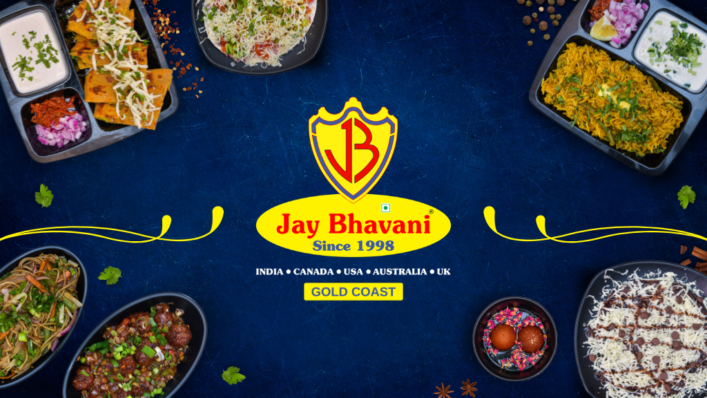 Labeled menu with dishes from Indian cuisine, including rice, curries, samosas, salads, and desserts, with the Jay Bhavani logo and text indicating it serves India, Canada, USA, Australia, and UK.