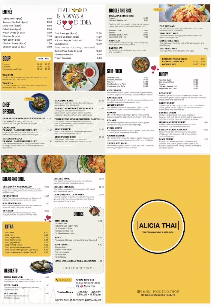 Thai food menu with sections for entrees, soups, chef's specials, salads, drinks, desserts, extra items, and allergens, featuring various Thai dishes and prices.