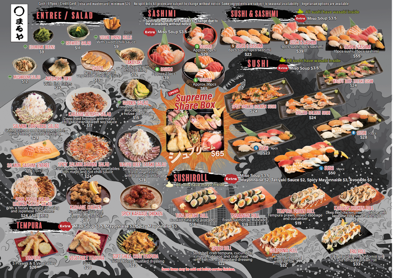 Menu featuring Japanese dishes including sashimi, sushi, salads, tempura, and rolls with prices, descriptions, and options for vegetarian and extra items, against a dark background with decorative elements.