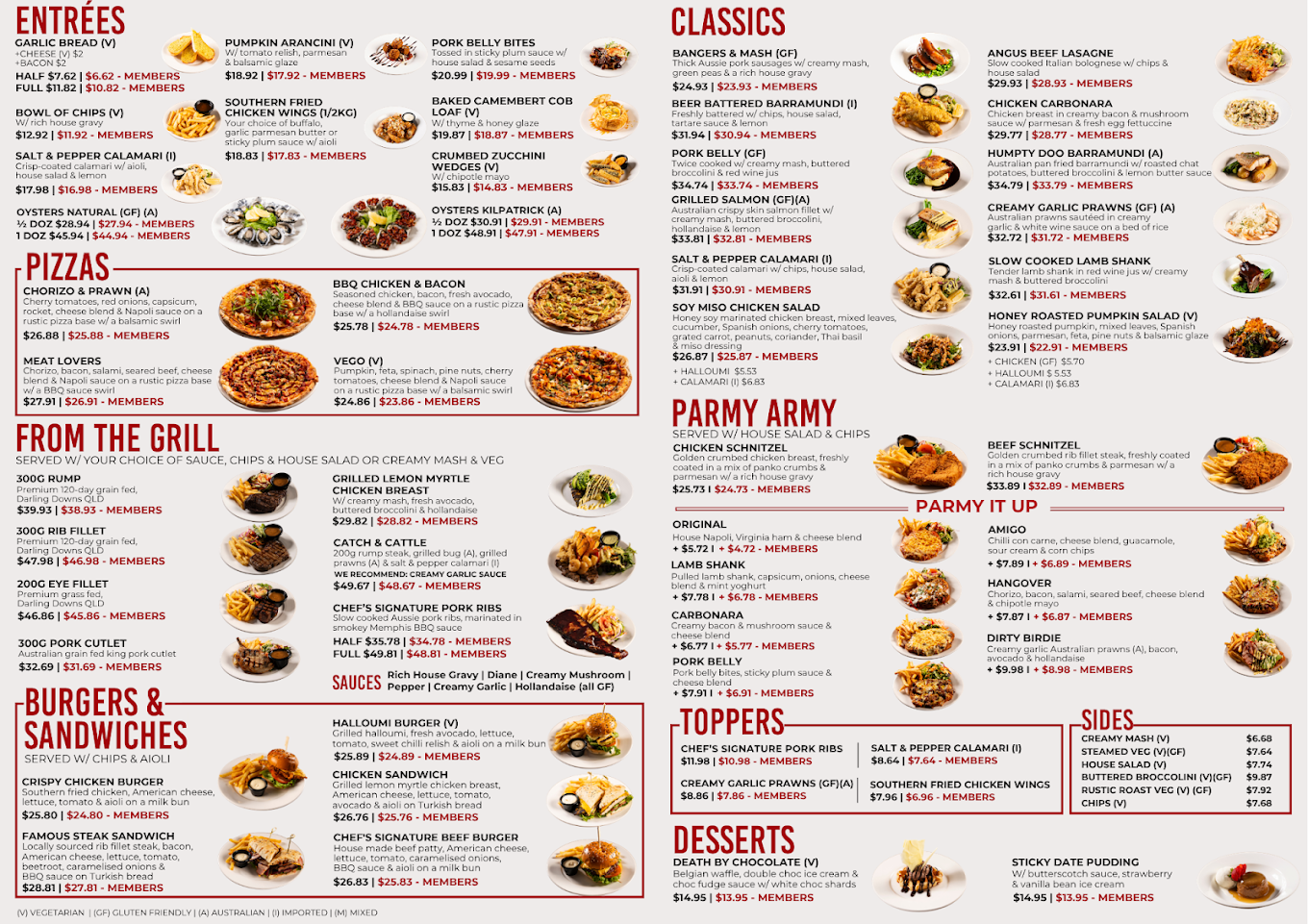 A restaurant menu featuring categories such as Entrées, Pizzas, From the Grill, Burgers & Sandwiches, Classics, Parry Army, Parry It Up, Toppers, Sides, and Desserts. Items include garlic bread, pumpkin arancini, pork belly bites, various lasagnas, chicken, beef, and seafood dishes, as well as burgers, wings, and desserts like Belgian waffles and sticky date pudding. Prices vary, with some items marked as members specials.