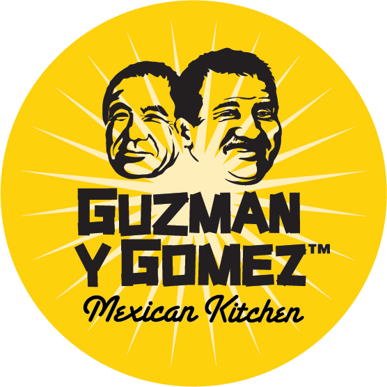 Logo with illustrated faces of two men, yellow background with white rays, text 'Guzman y Gomez Mexican Kitchen'.