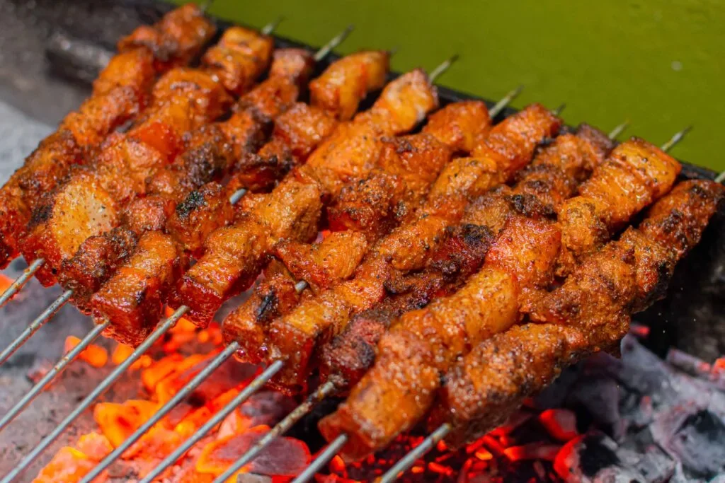 Skewered chunks of seasoned and grilled meat cooking over charcoal fire with red hot coals underneath.