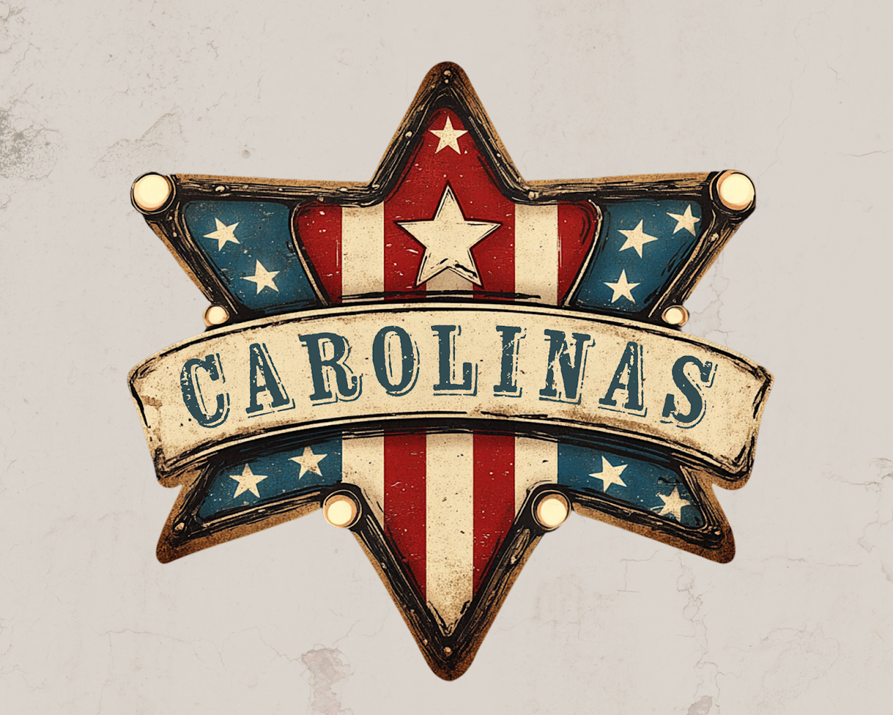 A decorative star-shaped sign with a vintage patriotic design, featuring red, white, and blue colors, the American flag pattern, and the name 'Carolina's' written across a banner.