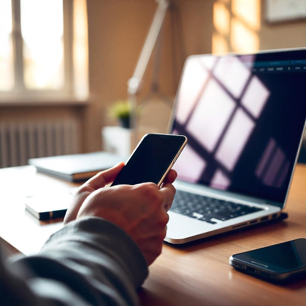 Personne tenant un smartphone devant un ordinateur portable sur un bureau.